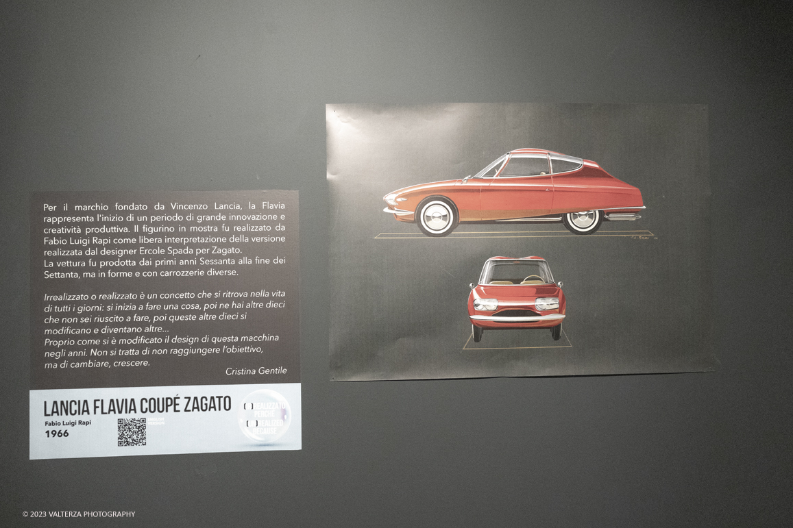 _DSF7250.jpg - 25/05/2023.Torino. RE-PLAY 2023(IR)REALIZZATI Progetti tra utopia e realtÃ . Nella foto Lancia Flavia coupÃ  Zagato 1966 figurino di Fabio Luigi Rapi