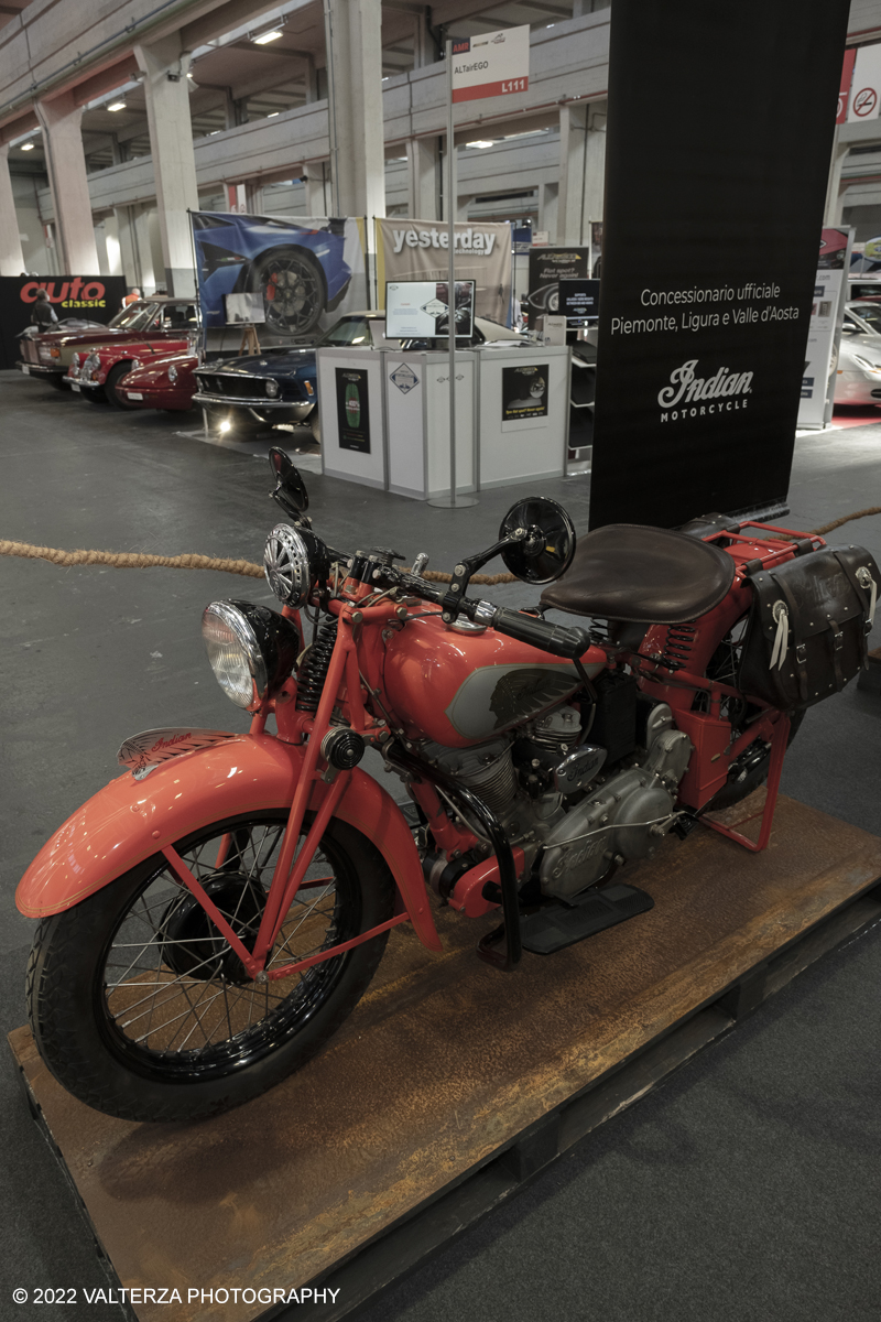_DSF8225.jpg - 28/04/2022. Torino. Ritorna AutomotoretrÃ² e Automotoracing la doppia rassegna dedicata alle auto storiche, sportive, elaborate e da competizione. Nella foto i 120 anni della Indian, la piÃ¹ antica Casa motociclistica americana viene celebrata con unâ€™esposizione speciale nellâ€™area tematica dedicata alle due ruote.
