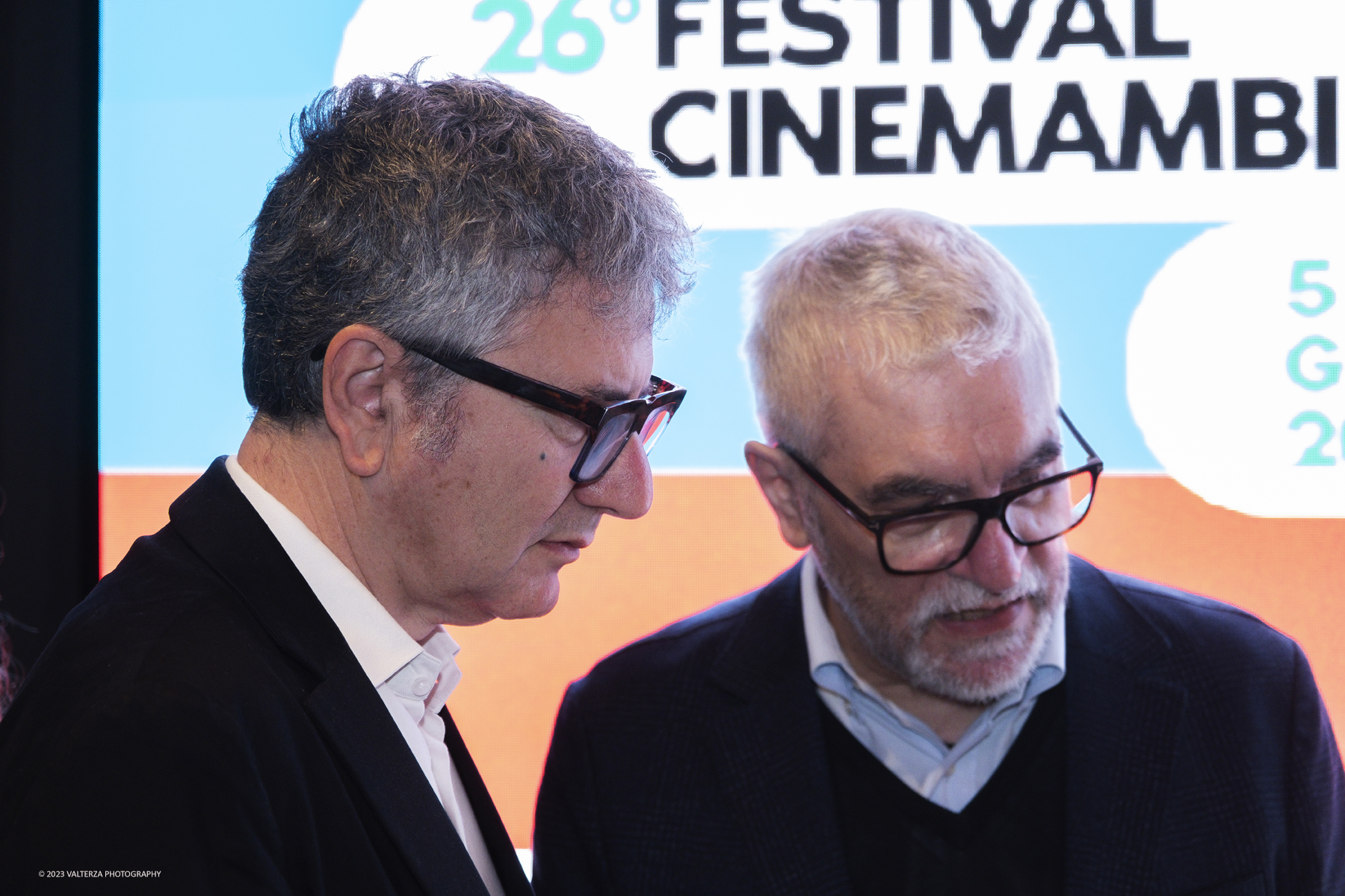 _DSF4370.jpg - 29/05/2023. Torino.,Museo del cinema. Il Festival CinemAmbiente nasce a Torino nel 1998 con l'obiettivo di presentare i migliori film ambientali a livello internazionale. Nella foto Domenico De Gaetano direttore del Museo del Cinema e Gaetano Capizzi Direttore Festival Cinema Ambiente