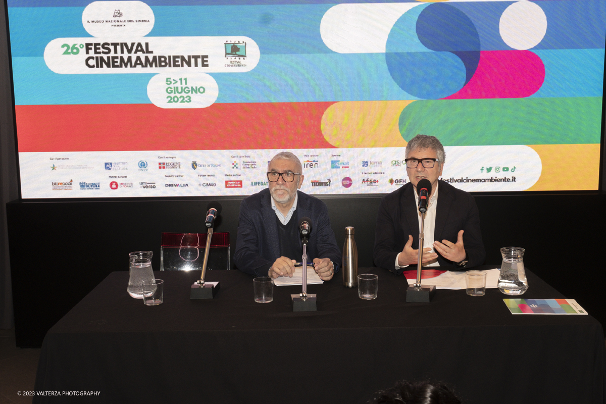 _DSF4385.jpg - 29/05/2023. Torino.,Museo del cinema. Il Festival CinemAmbiente nasce a Torino nel 1998 con l'obiettivo di presentare i migliori film ambientali a livello internazionale. Nella foto Domenico De Gaetano direttore del Museo del Cinema e Gaetano Capizzi Direttore Festival Cinema Ambiente