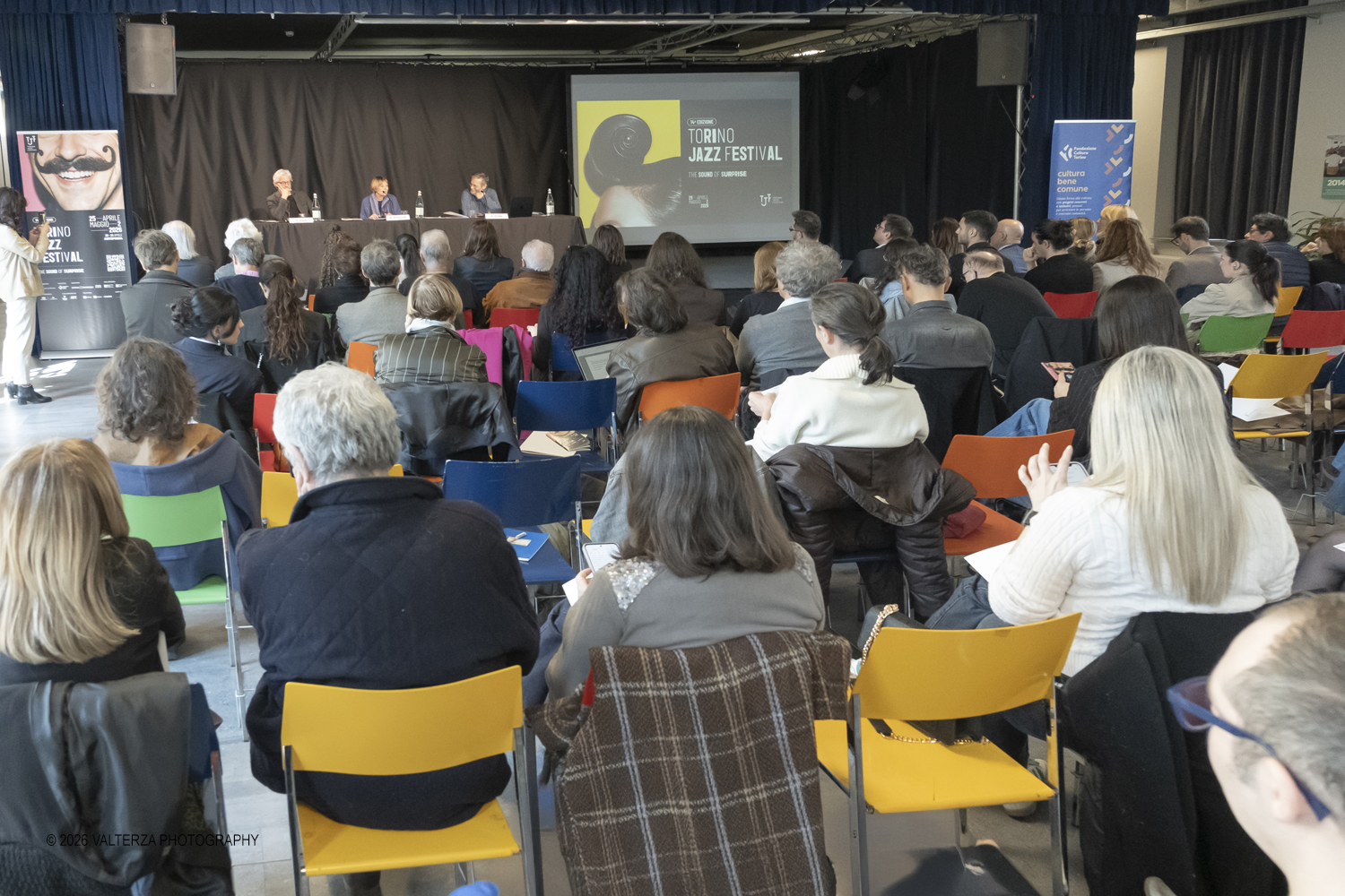 DSCF3703.jpg - 19/03/2026. Torino. Conferenza Stampa di presentazione. Il Torino Jazz Festival, con la direzione artistica di Stefano Zenni, torna da sabato 25aprile a sabato 2 maggio 2026..Al TJF XIV si esibiranno 297 musicisti nazionali e internazionali, dai talenti emergentai grandi protagonisti della scena mondiale. Nella foto un momento della presentazione