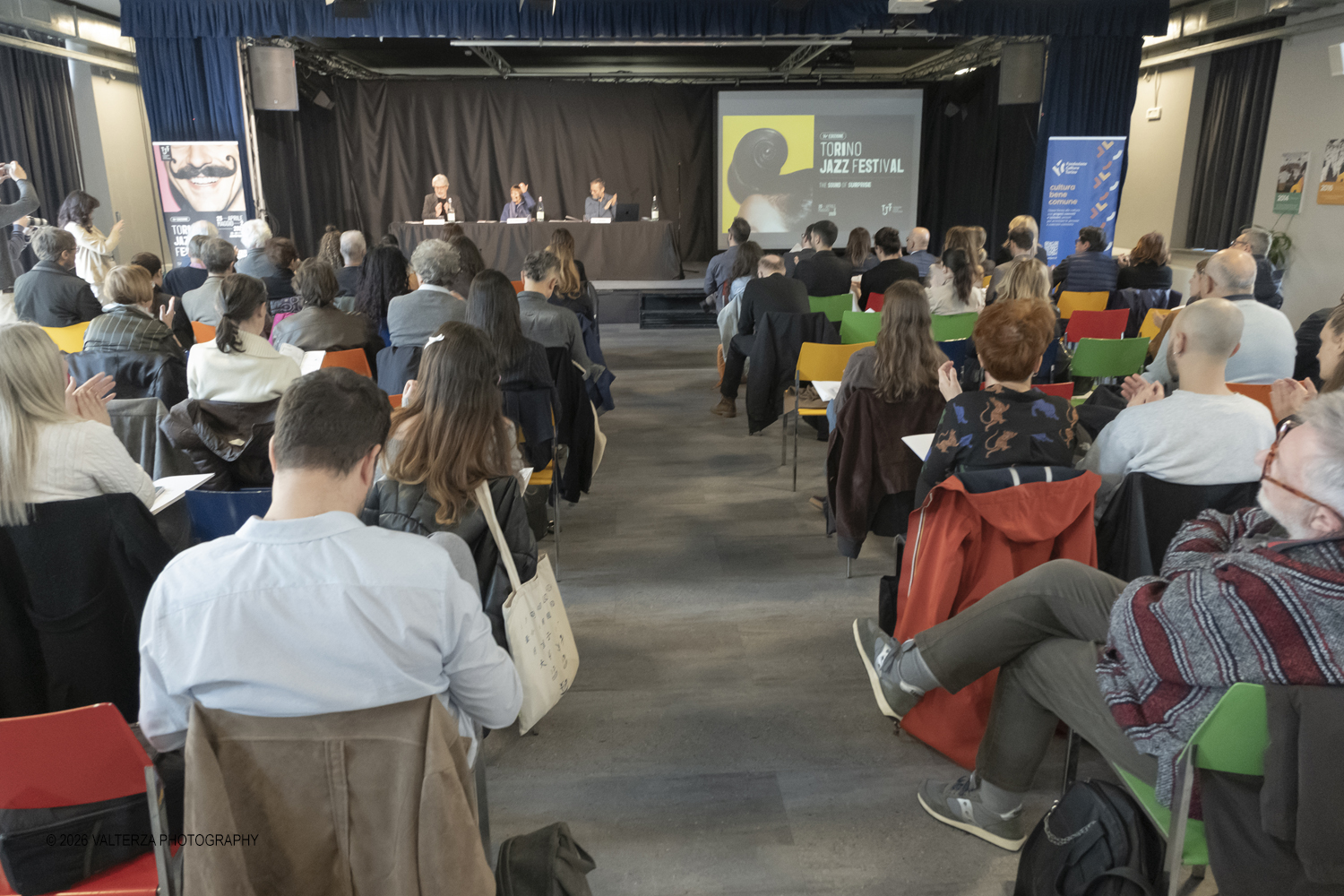 DSCF3706.jpg - 19/03/2026. Torino. Conferenza Stampa di presentazione. Il Torino Jazz Festival, con la direzione artistica di Stefano Zenni, torna da sabato 25aprile a sabato 2 maggio 2026..Al TJF XIV si esibiranno 297 musicisti nazionali e internazionali, dai talenti emergentai grandi protagonisti della scena mondiale. Nella foto un momento della presentazione