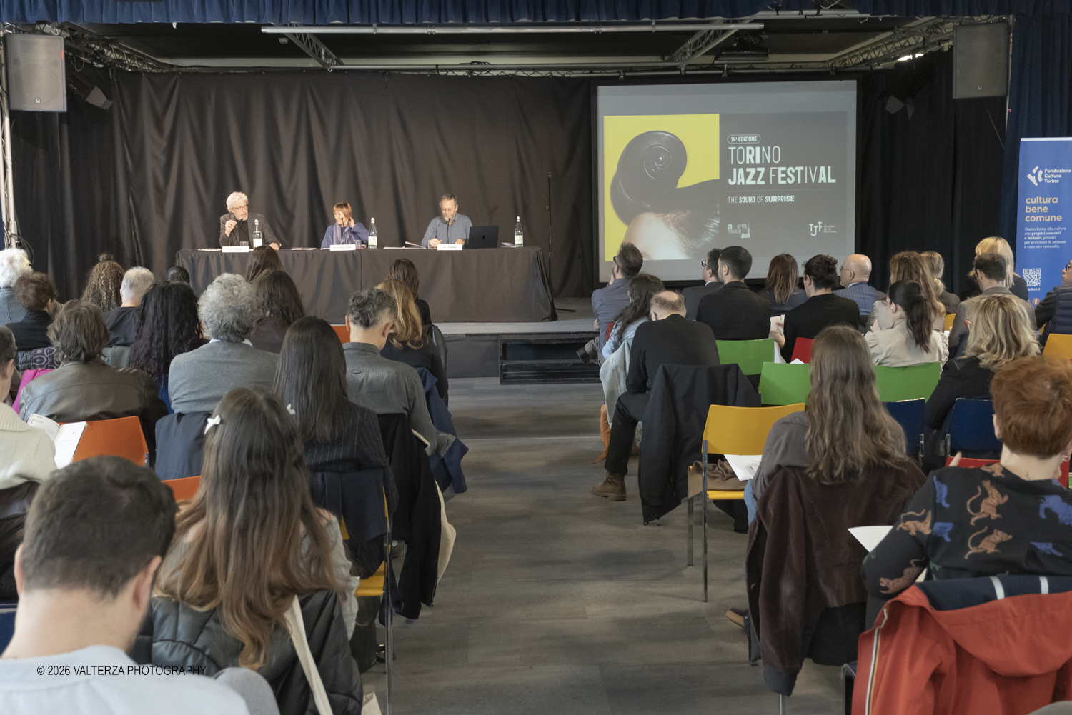 DSCF3707.jpg - 19/03/2026. Torino. Conferenza Stampa di presentazione. Il Torino Jazz Festival, con la direzione artistica di Stefano Zenni, torna da sabato 25aprile a sabato 2 maggio 2026..Al TJF XIV si esibiranno 297 musicisti nazionali e internazionali, dai talenti emergentai grandi protagonisti della scena mondiale. Nella foto un momento della presentazione