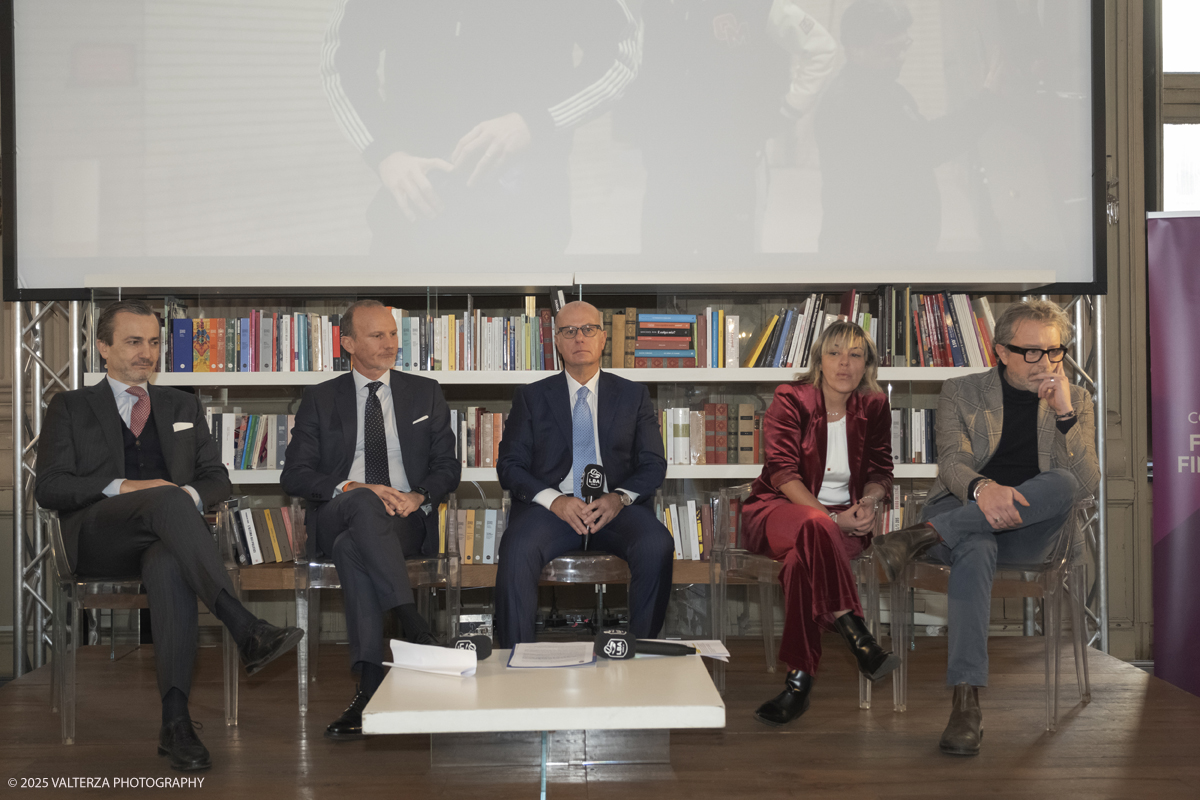 _DSF5522.jpg - Turin, Italy, February 5, 2025: Dario Gallina President of the Turin Chamber of Commerce, Flavio Siniscalchi, Head of the Department for Sport, Umberto Gandini President of the LBA, Marina Chiarelli Councilor for Sport - Piedmont Region and Domenico Carretta Councilor for Sport - Municipality of Turin take part in the press conference to present the FRECCIAROSSA FINAL EIGHT 2025 basketball cup