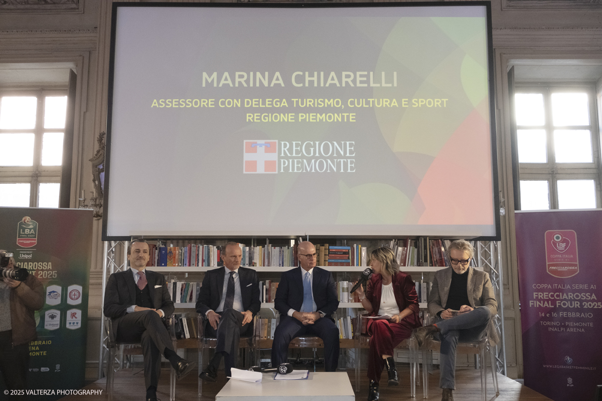 _DSF5581.jpg - Turin, Italy, February 5, 2025: Dario Gallina President of the Turin Chamber of Commerce, Flavio Siniscalchi, Head of the Department for Sport, Umberto Gandini President of the LBA, Marina Chiarelli Councilor for Sport - Piedmont Region and Domenico Carretta Councilor for Sport - Municipality of Turin take part in the press conference to present the FRECCIAROSSA FINAL EIGHT 2025 basketball cup