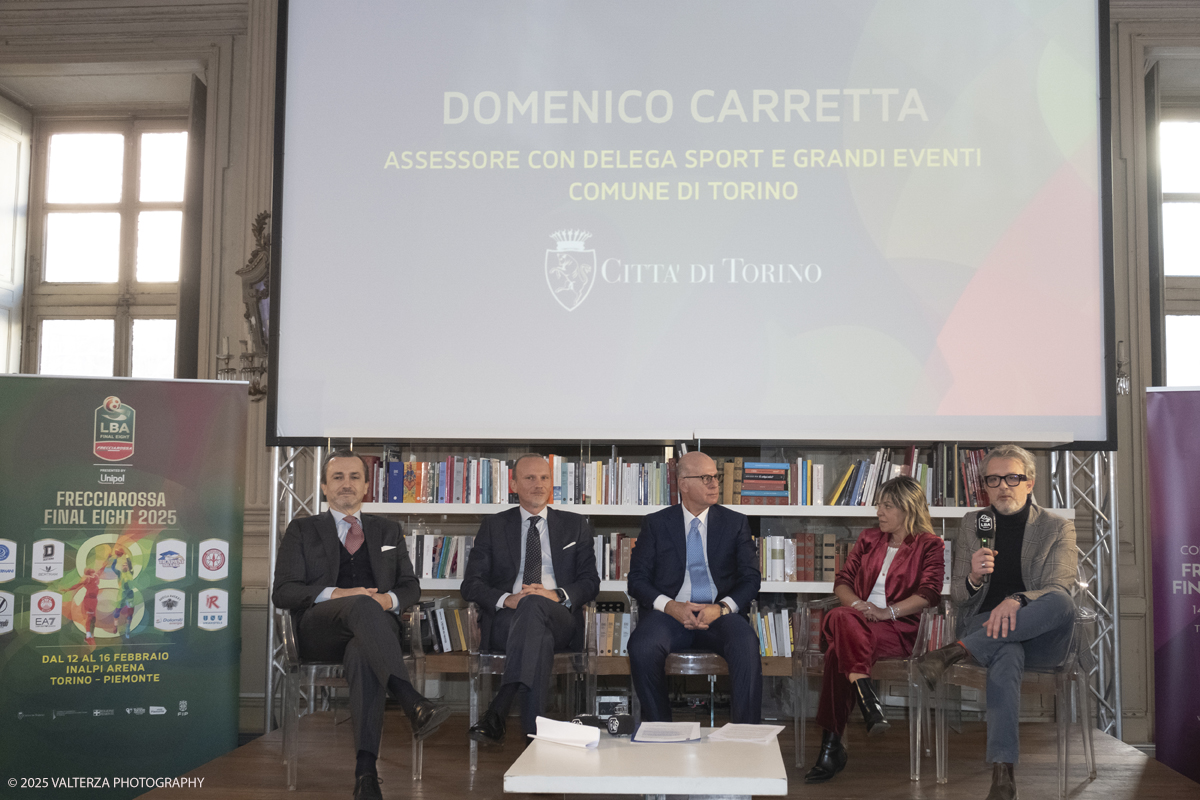 _DSF5594.jpg - Turin, Italy, February 5, 2025: Dario Gallina President of the Turin Chamber of Commerce, Flavio Siniscalchi, Head of the Department for Sport, Umberto Gandini President of the LBA, Marina Chiarelli Councilor for Sport - Piedmont Region and Domenico Carretta Councilor for Sport - Municipality of Turin take part in the press conference to present the FRECCIAROSSA FINAL EIGHT 2025 basketball cup