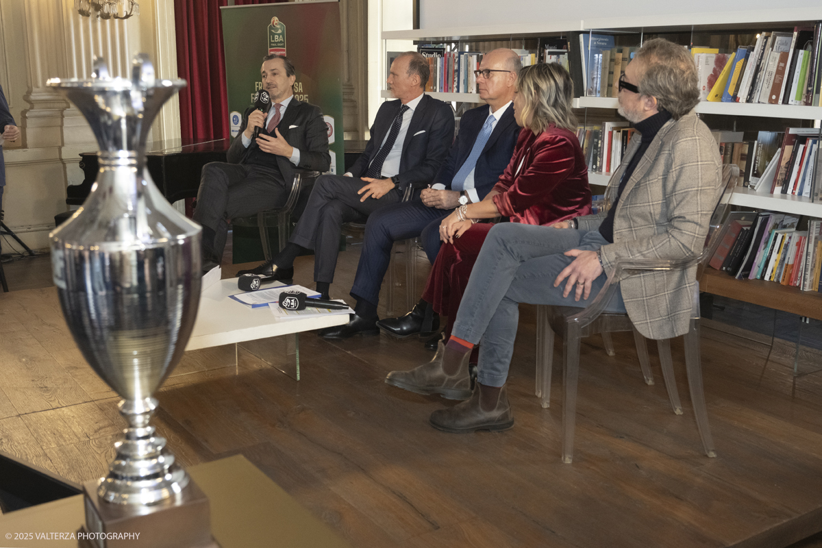 _DSF5617.jpg - Turin, Italy, February 5, 2025: Dario Gallina President of the Turin Chamber of Commerce, Flavio Siniscalchi, Head of the Department for Sport, Umberto Gandini President of the LBA, Marina Chiarelli Councilor for Sport - Piedmont Region and Domenico Carretta Councilor for Sport - Municipality of Turin take part in the press conference to present the FRECCIAROSSA FINAL EIGHT 2025 basketball cup