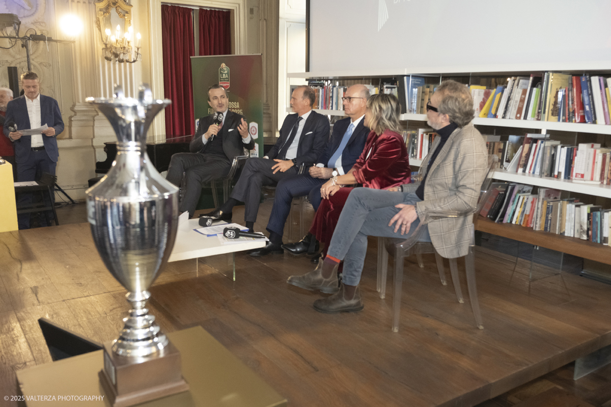 _DSF5618.jpg - Turin, Italy, February 5, 2025: Dario Gallina President of the Turin Chamber of Commerce, Flavio Siniscalchi, Head of the Department for Sport, Umberto Gandini President of the LBA, Marina Chiarelli Councilor for Sport - Piedmont Region and Domenico Carretta Councilor for Sport - Municipality of Turin take part in the press conference to present the FRECCIAROSSA FINAL EIGHT 2025 basketball cup