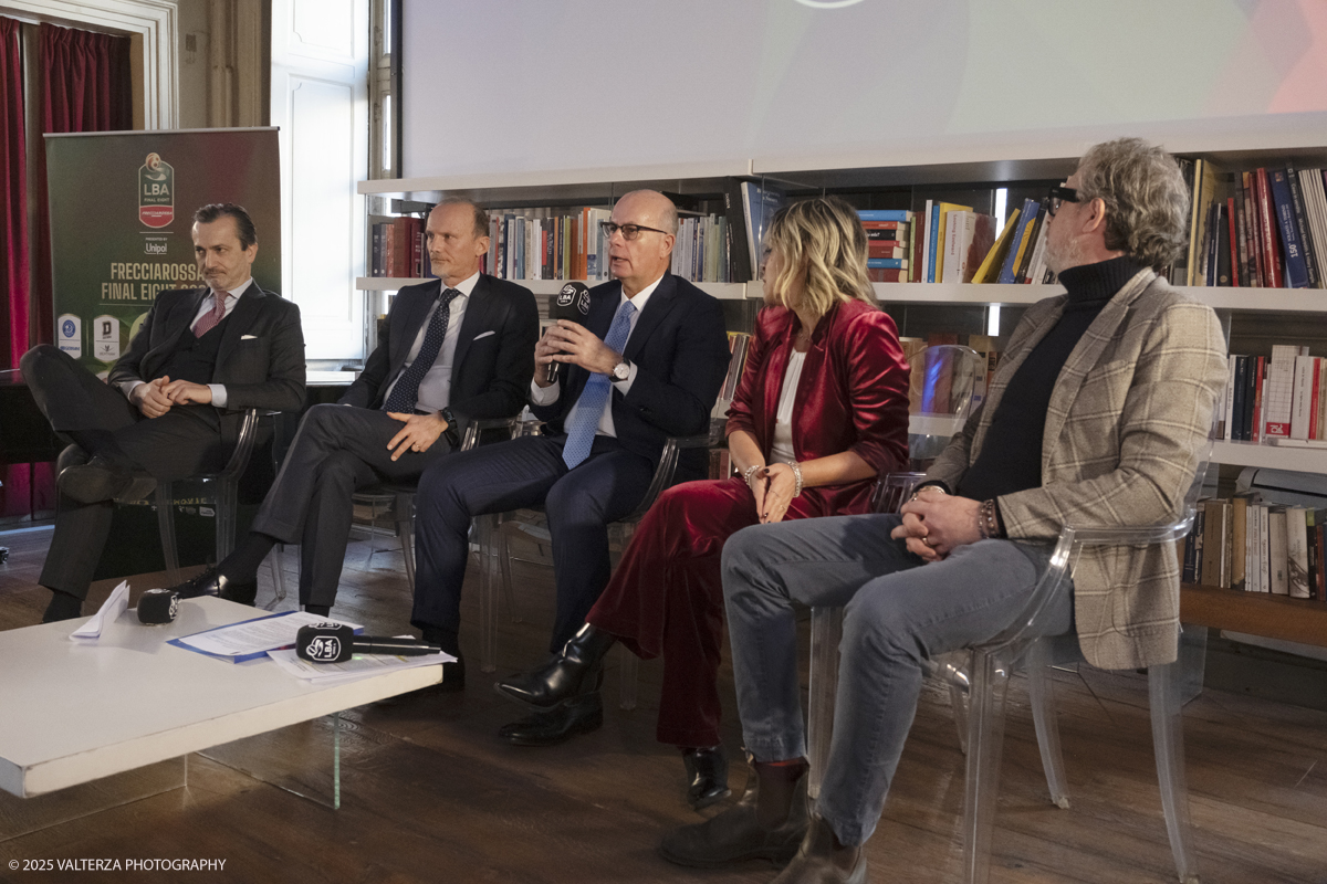 _DSF5641.jpg - Turin, Italy, February 5, 2025: Dario Gallina President of the Turin Chamber of Commerce, Flavio Siniscalchi, Head of the Department for Sport, Umberto Gandini President of the LBA, Marina Chiarelli Councilor for Sport - Piedmont Region and Domenico Carretta Councilor for Sport - Municipality of Turin take part in the press conference to present the FRECCIAROSSA FINAL EIGHT 2025 basketball cup