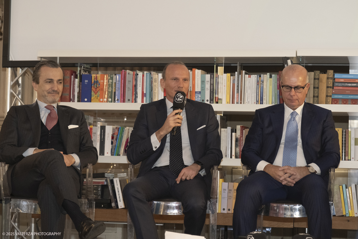 _DSF5660.jpg - Turin, Italy, February 5, 2025: Dario Gallina President of the Turin Chamber of Commerce, Flavio Siniscalchi, Head of the Department for Sport, Umberto Gandini President of the LBA  take part in the press conference to present the FRECCIAROSSA FINAL EIGHT 2025 basketball cup