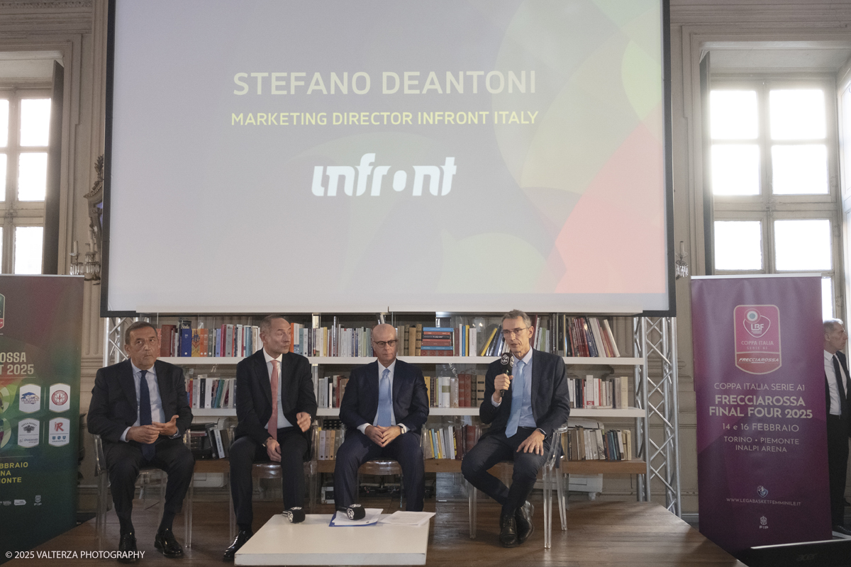 _DSF5681.jpg - Turin, Italy, February 5, 2025: Massimo Protani President LBF, Giuseppe Rafaniello Sales Manager AV Trenitalia, Umberto Gandini President LBA, Stefano Deantoni Marketing Director Infront Italy take part in the press conference to present the FRECCIAROSSA FINAL EIGHT 2025 basketball cup