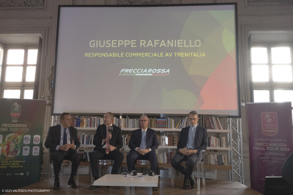 _DSF5717.jpg - Turin, Italy, February 5, 2025: Massimo Protani President LBF, Giuseppe Rafaniello Sales Manager AV Trenitalia, Umberto Gandini President LBA, Stefano Deantoni Marketing Director Infront Italy take part in the press conference to present the FRECCIAROSSA FINAL EIGHT 2025 basketball cup