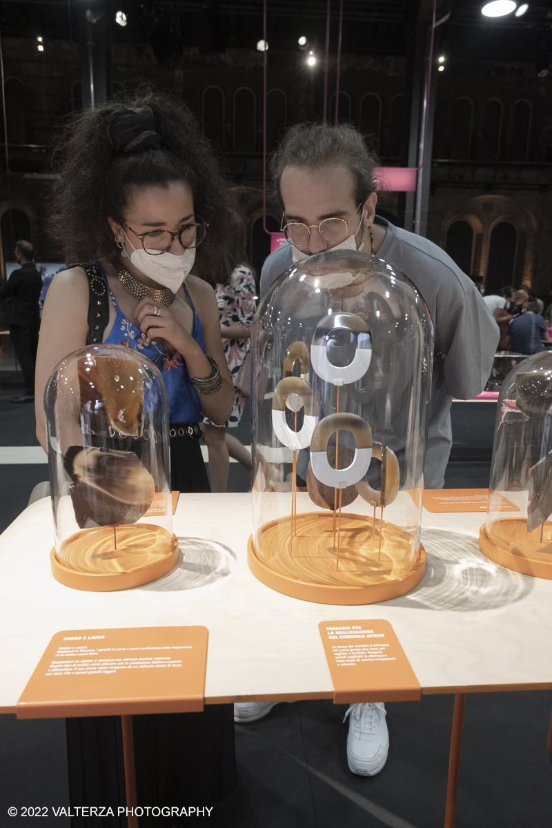 _DSF1235.jpg - 22/05/2022. Torino. Undici artigiani appartenenti a dieci mÃ©tier della maison HermÃ¨s sono arrivati alle Ogr con le loro borse degli attrezzi ed i loro materiali per mostrare i loro savoir-faire. Nella foto in visita alla mostra