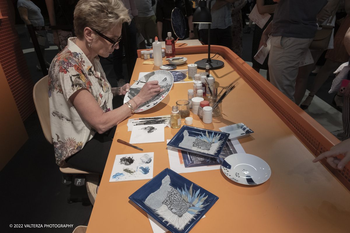 _DSF1271.jpg - 22/05/2022. Torino. Undici artigiani appartenenti a dieci mÃ©tier della maison HermÃ¨s sono arrivati alle Ogr con le loro borse degli attrezzi ed i loro materiali per mostrare i loro savoir-faire. Nella foto dimostrazione di  pittura su porcellana