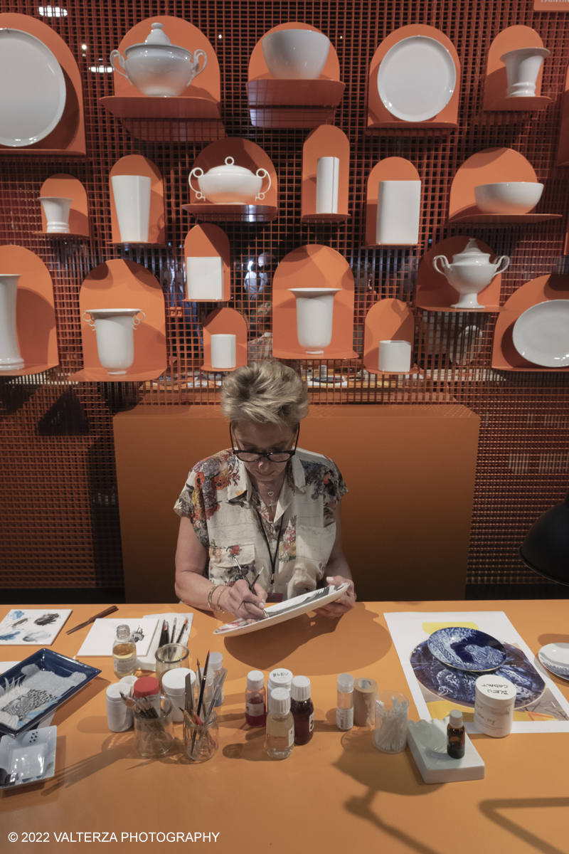 _DSF1286.jpg - 22/05/2022. Torino. Undici artigiani appartenenti a dieci mÃ©tier della maison HermÃ¨s sono arrivati alle Ogr con le loro borse degli attrezzi ed i loro materiali per mostrare i loro savoir-faire. Nella foto dimostrazione di  pittura su porcellana