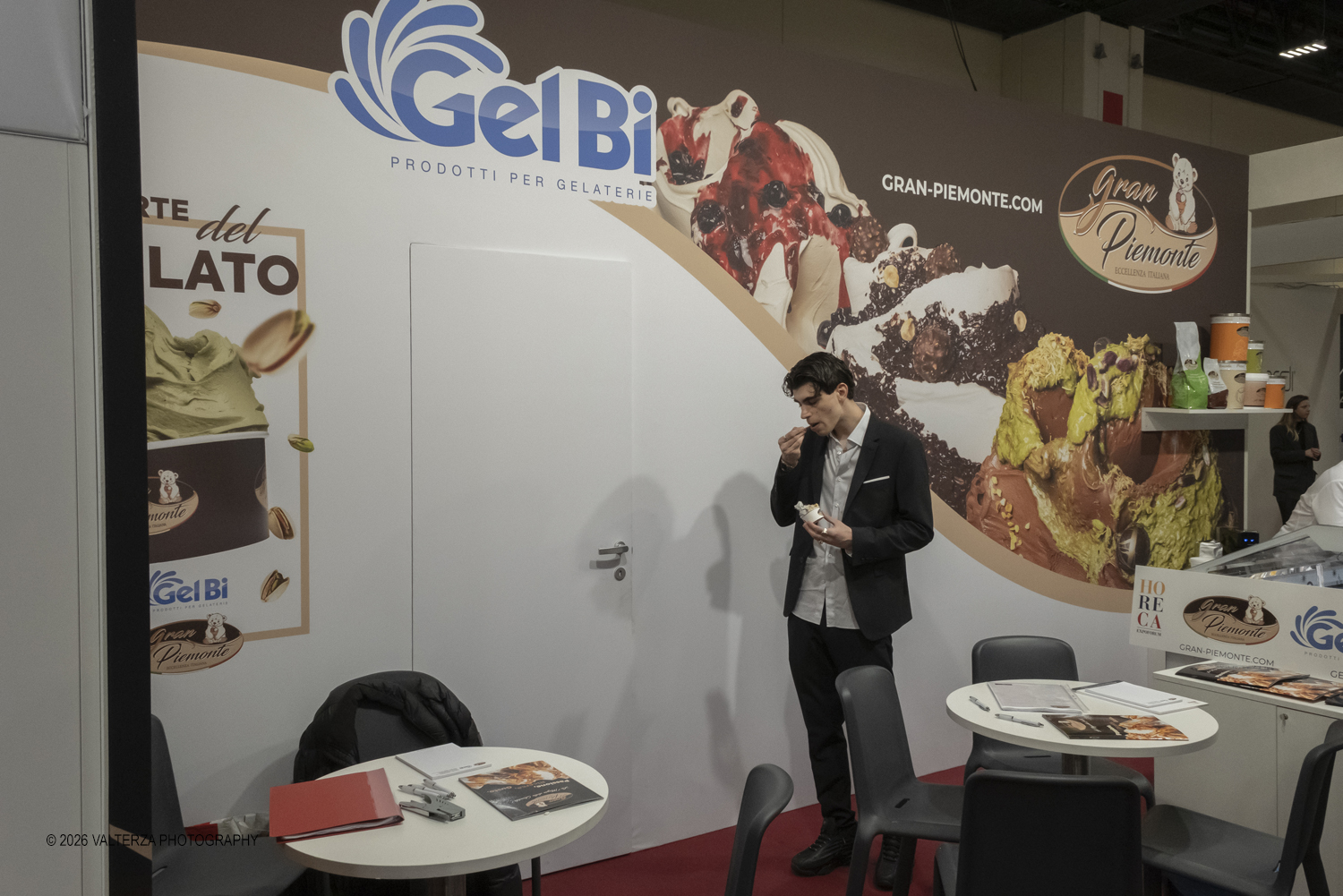 DSCF3627.jpg - 15/03/2026. Torino. Nel Padiglione 3 del Lingotto Fiere di Torino si svolge la terza edizione di Horeca Expoforum. Con oltre 300 brand italiani e internazionali presenti e circa 100 eventi in tre giorni, Horeca Expoforum si conferma piattaforma di riferimento per ristorazione, hotellerie e food service, punto di incontro fra innovazione, formazione e networking. Al centro dellâ€™inaugurazione il tema dello spreco alimentare. Nella foto stand GelBi azienda specializzata nella produzione di semilavorati per gelateria, pasticceria e yogurteria.