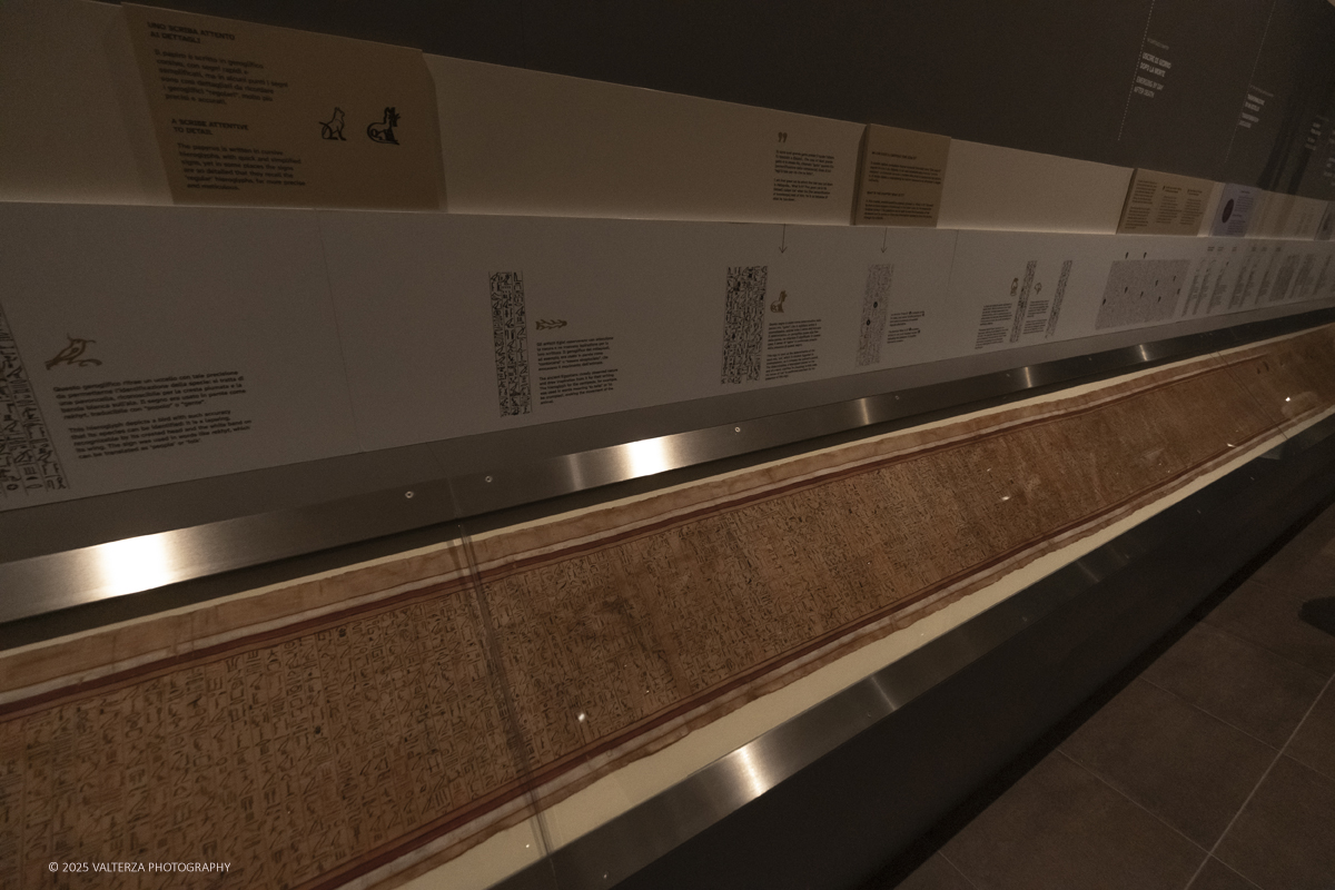 _DSF3091.jpg - 04/12/2025. Torino. Il riallestimento della Sala 7 del Museo Egizio di Torino, dedicata al corredo funerario di Kha e Merit, Ã¨ stato inaugurato il 4 dicembre 2025. I lavori di aggiornamento erano iniziati il 7 ottobre 2025. Nella foto la teca di 14 metri contenente il papiro detto "il libro dei morti di Kha"