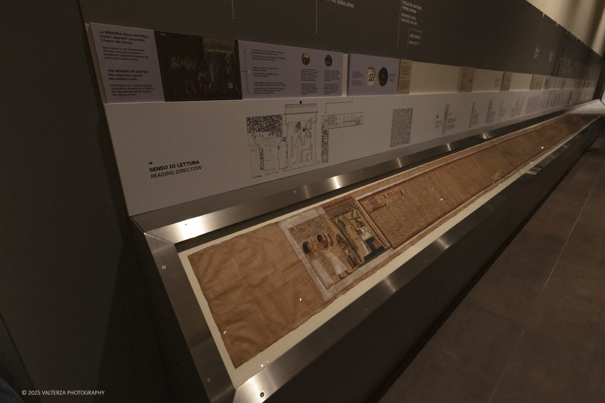 _DSF3118.jpg - 04/12/2025. Torino. Il riallestimento della Sala 7 del Museo Egizio di Torino, dedicata al corredo funerario di Kha e Merit, Ã¨ stato inaugurato il 4 dicembre 2025. I lavori di aggiornamento erano iniziati il 7 ottobre 2025. Nella foto la teca di 14 metri contenente il papiro detto "il libro dei mosrtidi Kha"