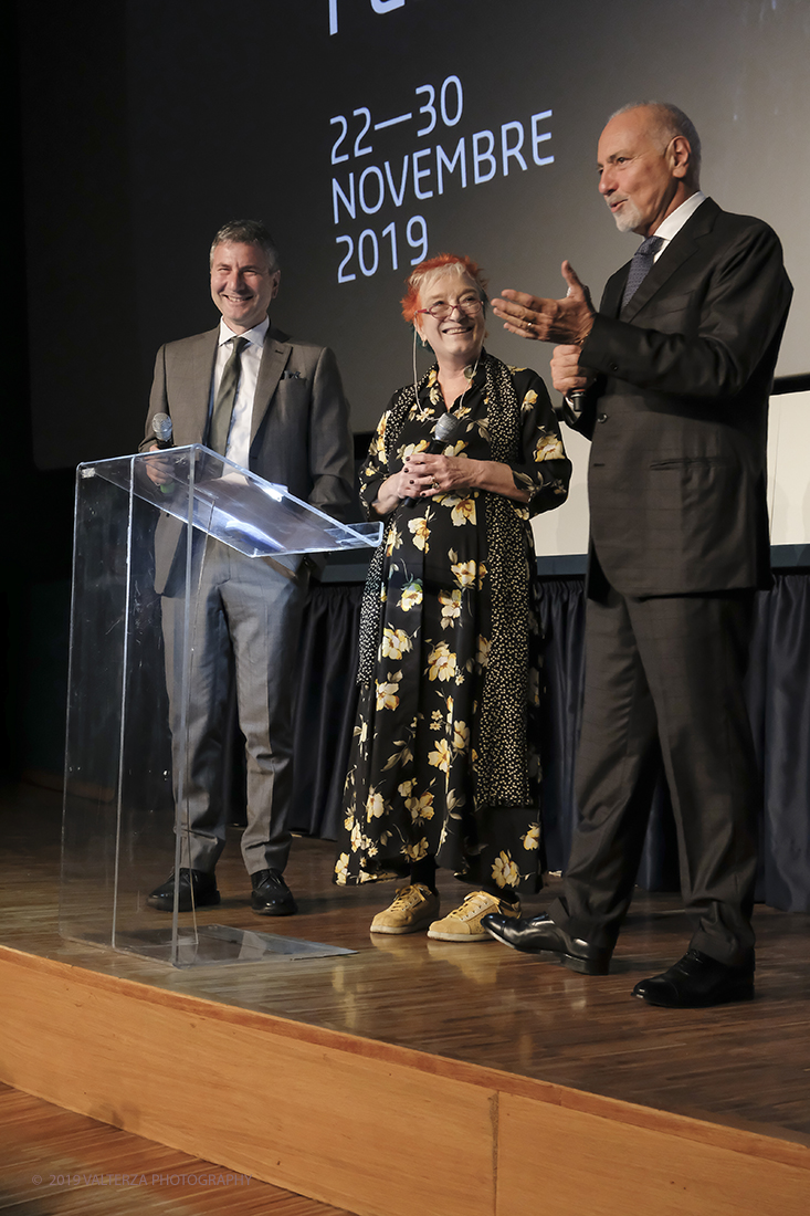 _DSF5767.jpg - 22/11/2019.Torino. Al via la 37ma edizione del Tff con un programma dedicato soprattutto all'horror. Nella foto Emanuela Martini sul palco con il direttore ed il Presidente del Museo del cinema Enzo Ghigo