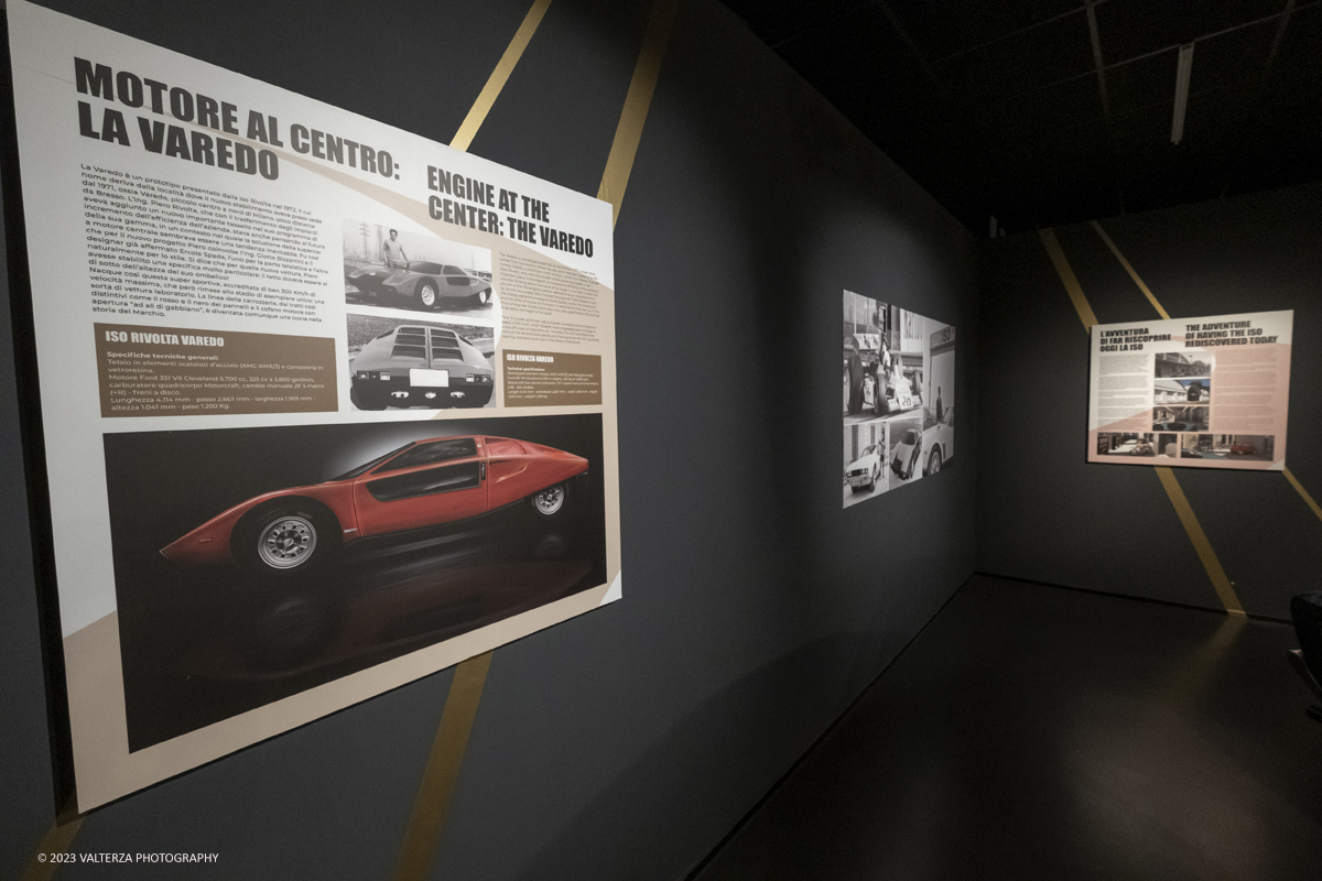 _DSF7299.jpg - 28/03/2023. Torino.  Una mostra per riscoprire la straordinaria vicenda industriale di Iso Rivolta, marchio oggi spesso dimenticato che testimonia lâ€™ingegno italiano nella storia dellâ€™automobile e del car design, recentemente rilanciato dalla nipote del fondatore. Nella foto i pannelli che raccomtano la storia della Iso