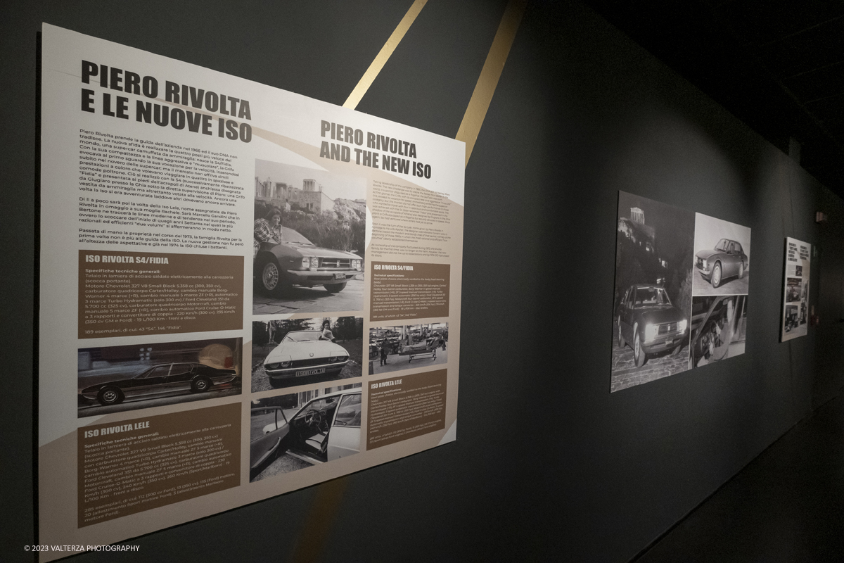 _DSF7307.jpg - 28/03/2023. Torino.  Una mostra per riscoprire la straordinaria vicenda industriale di Iso Rivolta, marchio oggi spesso dimenticato che testimonia lâ€™ingegno italiano nella storia dellâ€™automobile e del car design, recentemente rilanciato dalla nipote del fondatore. Nella foto i pannelli che raccomtano la storia della Iso