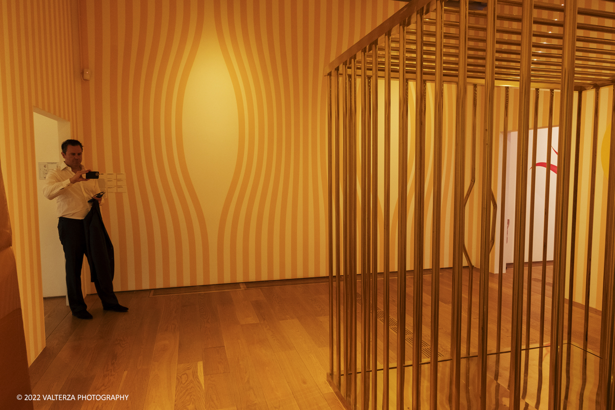 _DSF2463.jpg - 26/05/2022. Torino. Nuova mostra pensata e progettata con lâ€™artista Silvye Fleury per gli spazi di Pinacoteca, a cura di Sarah Cosulich e Lucrezia CalabrÃ² Visconti, lâ€™esposizione consiste in un percorso immersivo che attraversa i nuclei tematici fondamentali della sua ricerca. Il progetto rappresenta la piÃ¹ completa mostra in Italia dedicata a Fleury fino a oggi. Nella foto la sala intitolata The eternal wow con al centro la gabbia Gold Cage LKW