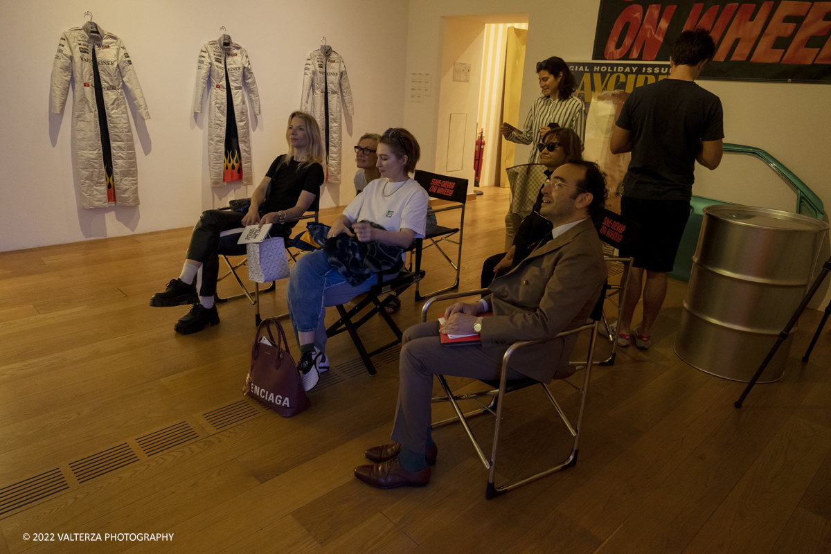 _DSF2474.jpg - 26/05/2022. Torino. Nuova mostra pensata e progettata con lâ€™artista Silvye Fleury per gli spazi di Pinacoteca, a cura di Sarah Cosulich e Lucrezia CalabrÃ² Visconti, lâ€™esposizione consiste in un percorso immersivo che attraversa i nuclei tematici fondamentali della sua ricerca. Il progetto rappresenta la piÃ¹ completa mostra in Italia dedicata a Fleury fino a oggi. Nella foto la sala  She-devils on wheels dedicata ad un fan club automobilistico aperto solo a donne  fondato dall'artista negli anni 90
