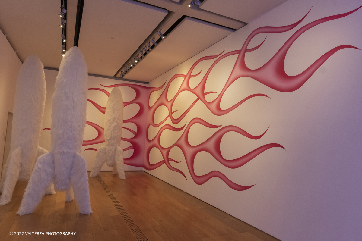 _DSF2551.jpg - 26/05/2022. Torino. Nuova mostra pensata e progettata con lâ€™artista Silvye Fleury per gli spazi di Pinacoteca, a cura di Sarah Cosulich e Lucrezia CalabrÃ² Visconti, lâ€™esposizione consiste in un percorso immersivo che attraversa i nuclei tematici fondamentali della sua ricerca. Il progetto rappresenta la piÃ¹ completa mostra in Italia dedicata a Fleury fino a oggi. Nella foto la sala First Space-Ship on Venus dedicata ad una serie di opere dell'artista che guardano all'immaginario fantascientifico dello spazio