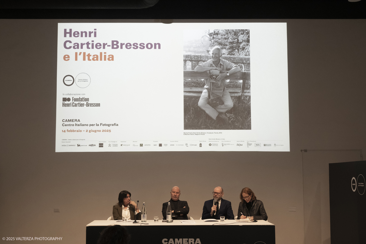 _DSF6141.jpg - Italy, Turin, February 13, 2025. CAMERA - Centro Italiano per la Fotografia presents the exhibition â€œHenri Cartier-Bresson e lâ€™Italiaâ€�, an unpublished story, signed by H.C.B. on the history of the  Italian countrry from 1932 to 1973. Into the picture a moment of the presentation with both curators Walter Guadagnini and Clement Cheroux