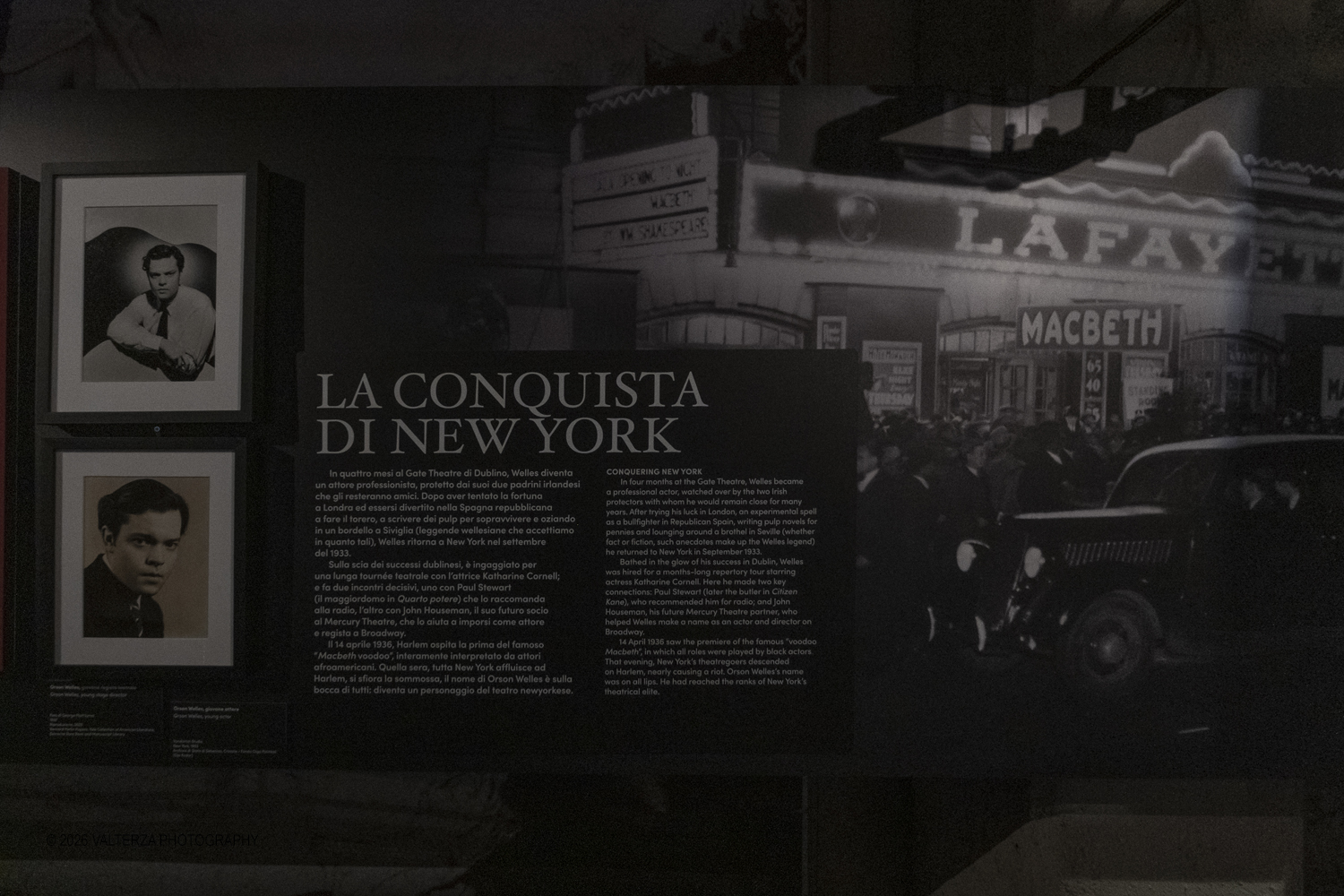 _DSF8622.jpg - 31/03/2026. Torino. Mostra My Name is Orson Welle, la mostra ripercorre la vita e la carriera del grande regista attraverso fotografie, documenti dâ€™archivio, disegni, manifesti, materiali audiovisivi e installazioni. Nella foto documentazione afferente alla prima delle cinque aree tematiche  della mostra (1915-1939) Wonder Boy