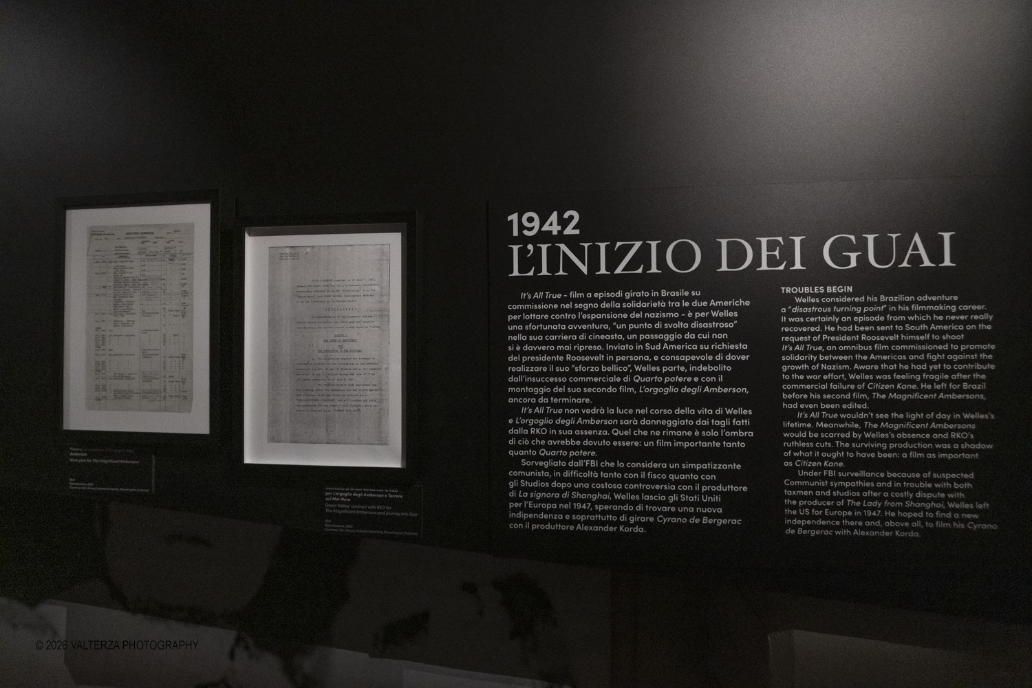 _DSF8800.jpg - 31/03/2026. Torino. Mostra My Name is Orson Welle, la mostra ripercorre la vita e la carriera del grande regista attraverso fotografie, documenti dâ€™archivio, disegni, manifesti, materiali audiovisivi e installazioni. Nella foto documentazione afferente alla alla terza delle cinque aree tematiche della mostra  1942 Lâ€™inizio dei guai