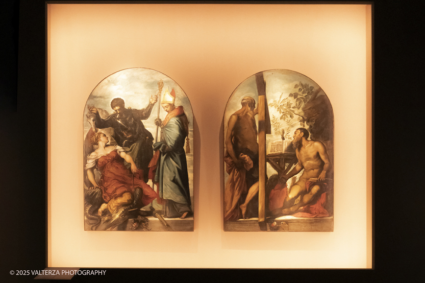 _DSF9844.jpg - 17/09/2025. Torino. Tintoretto è stato fondativo per la formazione artistica di Vedova e la mostra sottolinea l'impeto e la forza dell'articolato rapporto che lega i due artisti. Nella foto Jacomo Robusti detto / Tintoretto San Luigi, San Giorgio e la principessa, I santi Andrea e Girolamo, 1552 circa