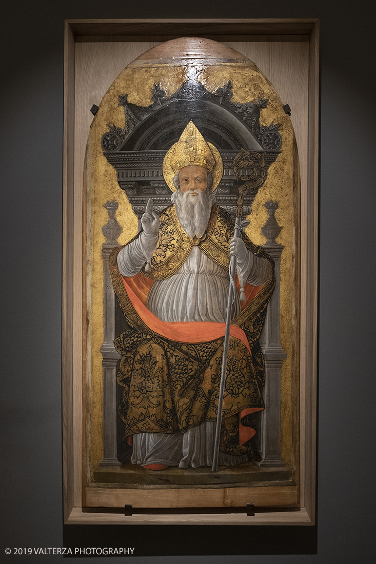 _DSF8919.jpg - 11/12/2019. Torino. Andrea Mantegna. Rivivere l'antico ,costruire il moderno. Nella foto cerchia di Andrea Mantegna. Santo vescovo benedicente in trono. 1455 ca
