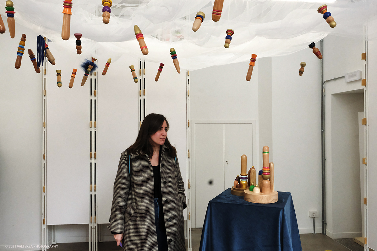 _DSF1274.jpg - 18/02/2021. Torino. Dal 18 Febbraio al 26 Marzo Il circolo del design di Torino ospita 7 progetti di 15 designer torinesi tra i 25 ed i 35 anni. Nella foto allestimento della product designer Silvia Picari definito Love Toys Paradise che porta in mostra i suoi sex toys realizzati in legno.