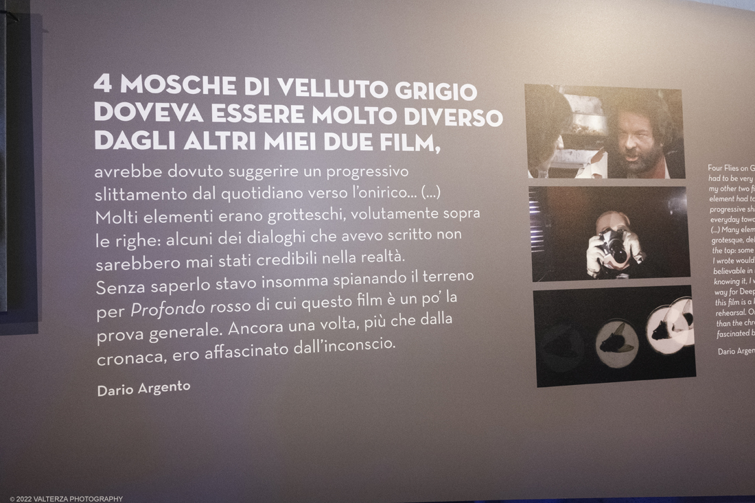 _DSF1078.jpg - 05/04/2022. Torino. Presentata la prima mostra dedicata a un grande maestro del cinema: il regista, sceneggiatore e produttore Dario Argento (Roma, 1940). Nella foto materiale del film 4 mosche di velluto grigio 1971