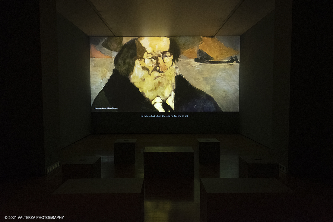 _DSF3300.jpg - 12/10/2021. Torino. Il percorso espositivo, della mostra alla GAM, presenta oltre 60 capolavori dellâ€™artista livornese , si articola in nove sezioni e copre un ampio arco cronologico che dal 1854 giunge al 1894, dalla sperimentazione macchiaiola e da opere capitali degli anni Sessanta e Settanta fino alle tele dellâ€™etÃ  matura, che ne rivelano lo sguardo acuto e innovatore, capace di aperture sullâ€™imminente â€™900. Installazione audiovisiva.