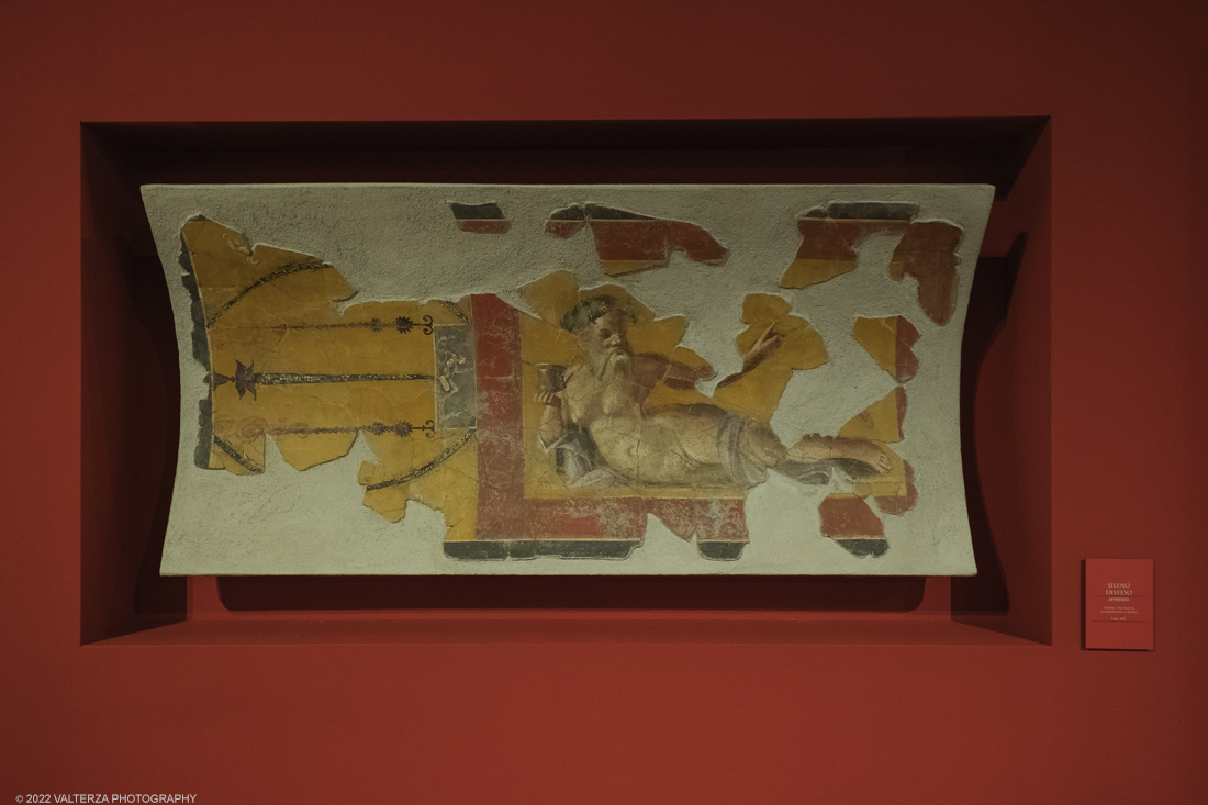 _DSF1395.jpg - 07/04/2022. Torino. La mostra a Palazzo Madama dall'8 Aprile al 9 Agosto 2022 Ã© un "Invito" a entrare nelle case di Pompei, a scoprire quali erano le atmosfere, come erano arredate, come erano decorate ed abbellite, attraverso un viaggio nel mondo pompeiano. Nella foto Sileno disteso, affresco