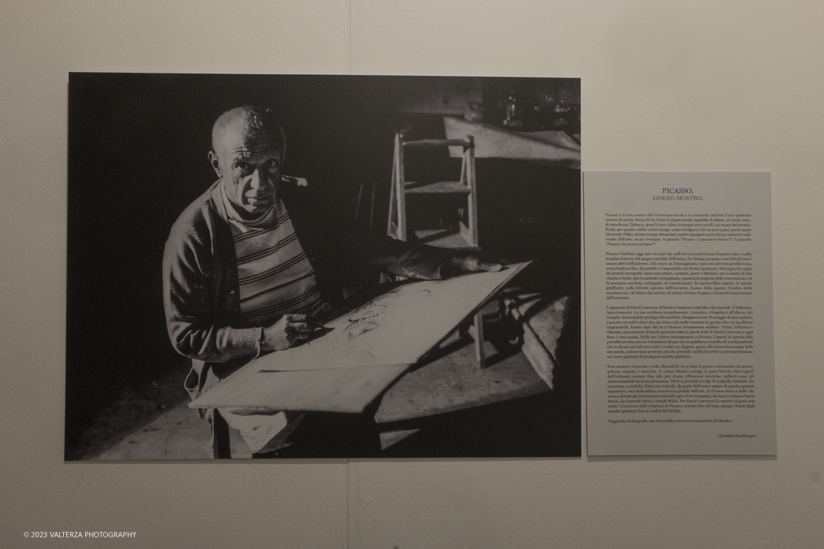 _DSF0226.jpg - 11/10/2023. Torino. Oltre 300 opere, disegni, litograï¬�e, incisioni, ceramiche, sculture, collage e fotografie del grande artista spagnolo in esposizione dal 12 ottobre 2023 fino al 14 gennaio 2024 a Palazzo Saluzzo Paesana nellâ€™anniversario dei 50 anni dalla morte del Maestro. Nella foto  una delle lettere a Picasso immaginarie create da Frederic Lecompte Dieu