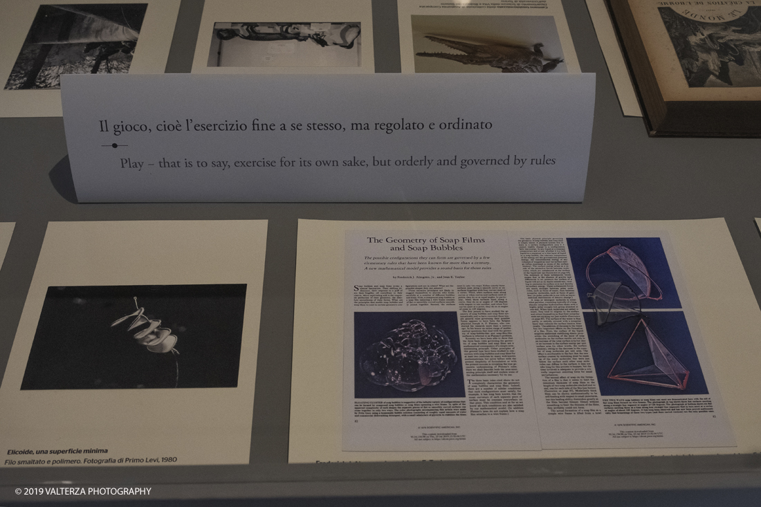 _DSF2371.jpg - 24/10/2019. Torino.  In occasione delle celebrazioni per il centenario della nascita di Primo Levi la GAM  espone per la prima volta in Italia, una selezione significativa dei lavori in filo metallico realizzati dal grande scrittore e intellettuale. Si tratta di oggetti con un forte carattere intimo e domestico, destinati agli scaffali dello studio dello scrittore oppure a essere regalati agli amici piÃ¹ cari: non ci sono datazioni precise (risalgono indicativamente al periodo 1955/1975), nÃ© titoli attribuiti dallâ€™autore. Il materiale utilizzato Ã¨ generalmente il filo di rame. Nella foto testi scientifici sul gioco, a sx una foto scattata da Primo Levi.
