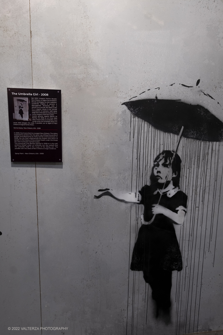 _DSF4605.jpg - 24/02/2022. Torino. Il percorso della mostra presenta oltre 90 opere di cui 30 murales a grandezza naturale realizzati da giovani street artist internazionali che raccontano il mondo del misterioso artista britannico, famoso per affrontare con ironia temi politici e di denuncia sociale. Nella foto opera The umbrella girl 2008