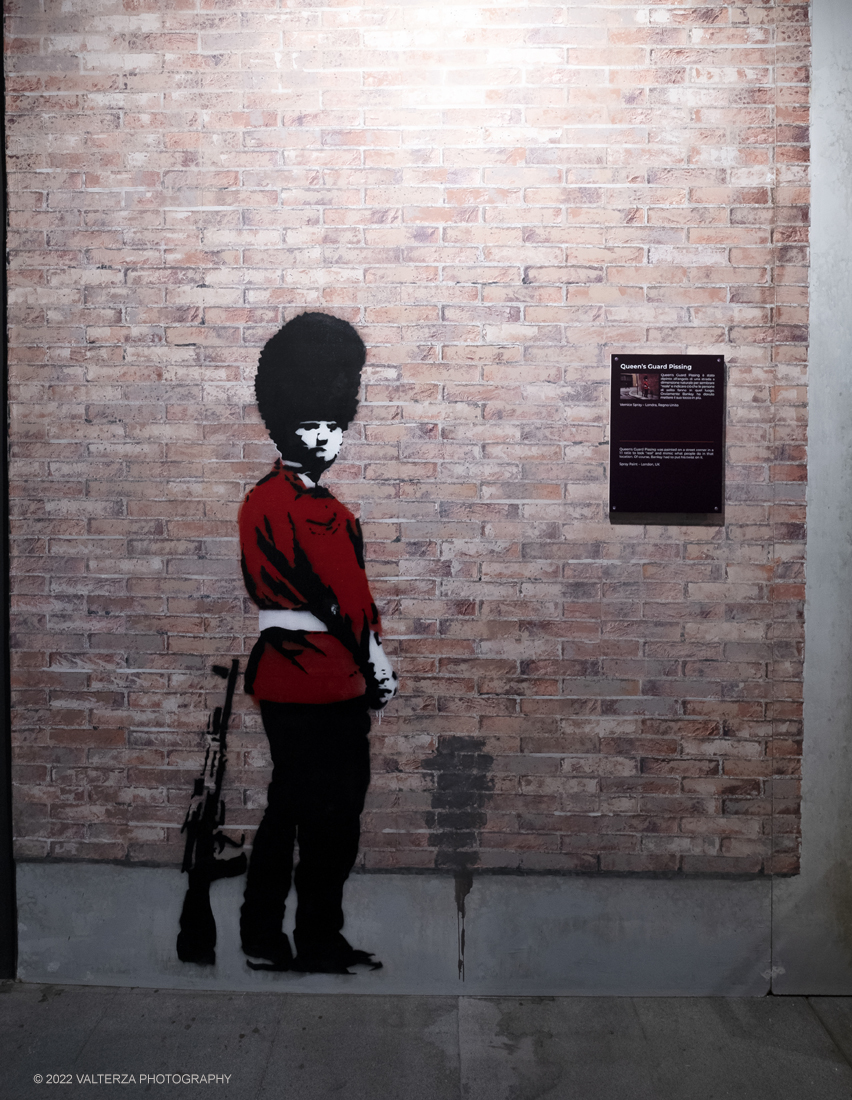 _DSF4658.jpg - 24/02/2022. Torino. Il percorso della mostra presenta oltre 90 opere di cui 30 murales a grandezza naturale realizzati da giovani street artist internazionali che raccontano il mondo del misterioso artista britannico, famoso per affrontare con ironia temi politici e di denuncia sociale. Nella foto opera Queen's guard pissing