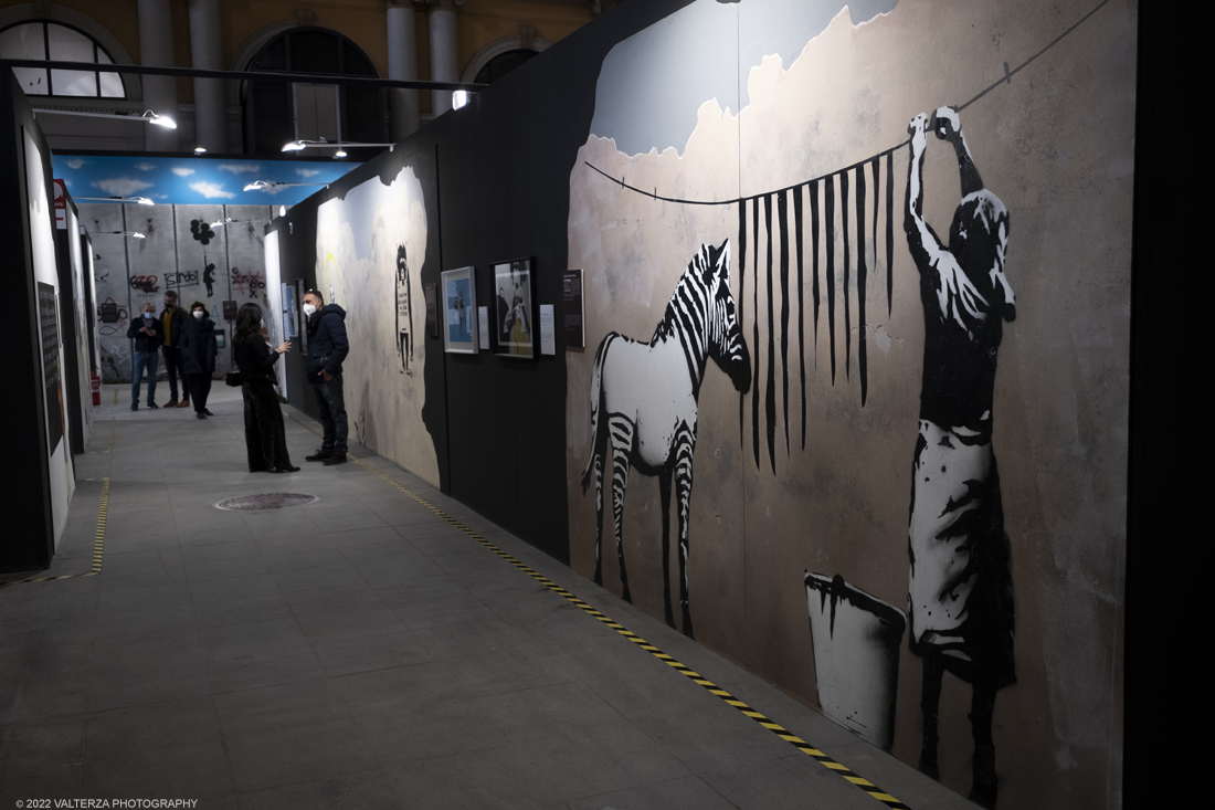 _DSF4686.jpg - 24/02/2022. Torino. Il percorso della mostra presenta oltre 90 opere di cui 30 murales a grandezza naturale realizzati da giovani street artist internazionali che raccontano il mondo del misterioso artista britannico, famoso per affrontare con ironia temi politici e di denuncia sociale. Nella foto parte dell'allestimento della mostra