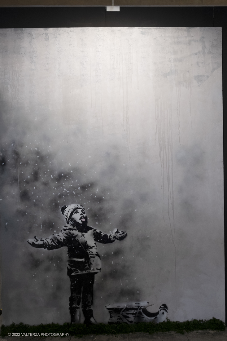 _DSF4788.jpg - 24/02/2022. Torino. Il percorso della mostra presenta oltre 90 opere di cui 30 murales a grandezza naturale realizzati da giovani street artist internazionali che raccontano il mondo del misterioso artista britannico, famoso per affrontare con ironia temi politici e di denuncia sociale. Nella foto opera Season's greetings