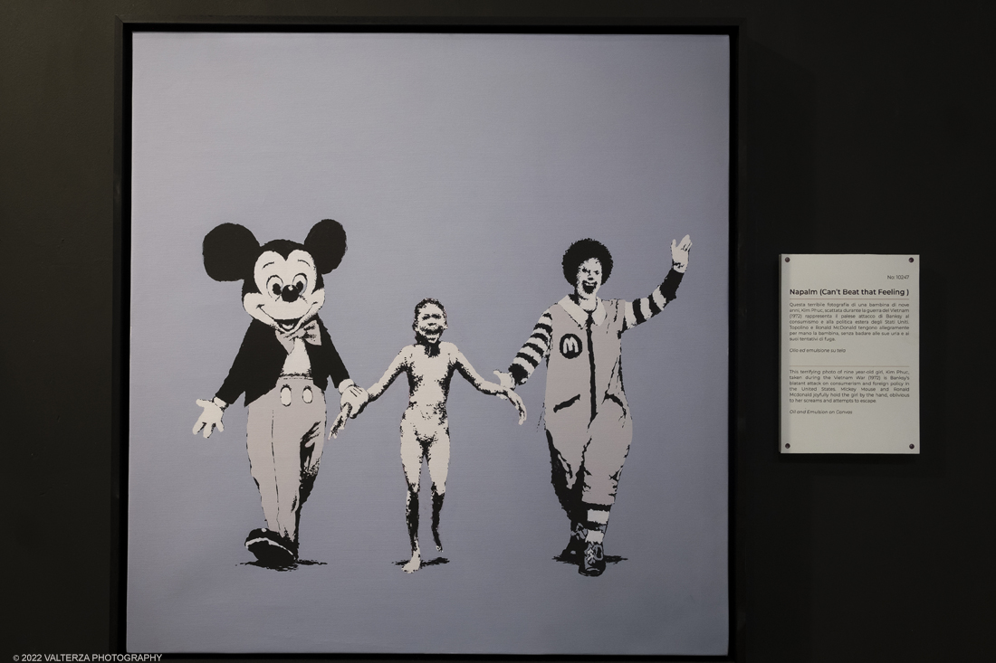_DSF4878.jpg - 24/02/2022. Torino. Il percorso della mostra presenta oltre 90 opere di cui 30 murales a grandezza naturale realizzati da giovani street artist internazionali che raccontano il mondo del misterioso artista britannico, famoso per affrontare con ironia temi politici e di denuncia sociale. Nella foto opera Napalm