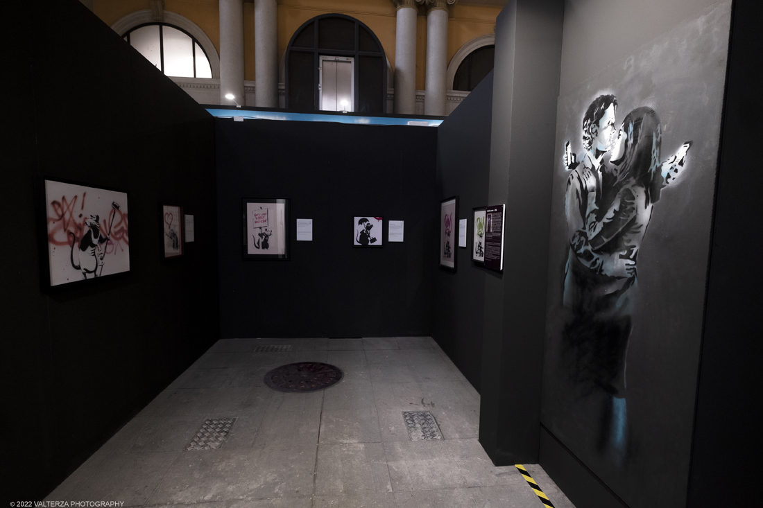 _DSF4902.jpg - 24/02/2022. Torino. Il percorso della mostra presenta oltre 90 opere di cui 30 murales a grandezza naturale realizzati da giovani street artist internazionali che raccontano il mondo del misterioso artista britannico, famoso per affrontare con ironia temi politici e di denuncia sociale. Nella foto parte dell'allestimento della mostra