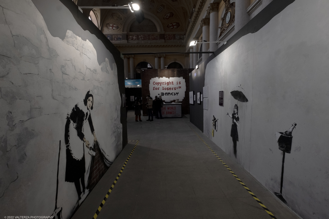 _DSF4951.jpg - 24/02/2022. Torino. Il percorso della mostra presenta oltre 90 opere di cui 30 murales a grandezza naturale realizzati da giovani street artist internazionali che raccontano il mondo del misterioso artista britannico, famoso per affrontare con ironia temi politici e di denuncia sociale. Nella foto parte dell'allestimento della mostra