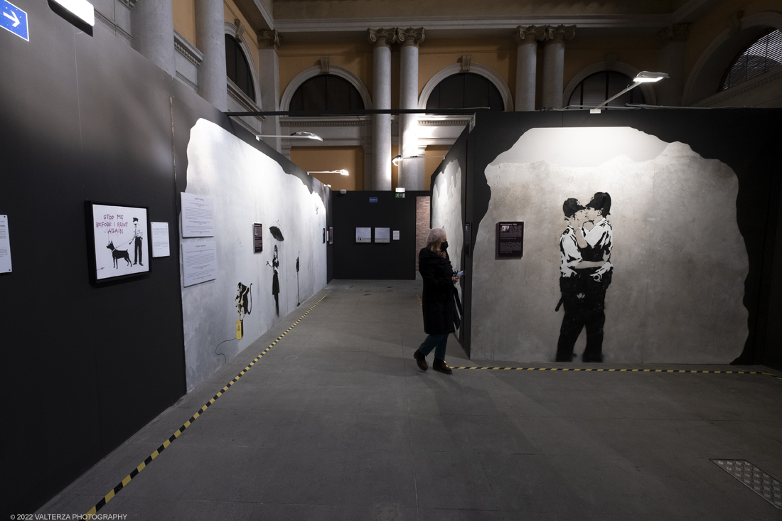 _DSF4991.jpg - 24/02/2022. Torino. Il percorso della mostra presenta oltre 90 opere di cui 30 murales a grandezza naturale realizzati da giovani street artist internazionali che raccontano il mondo del misterioso artista britannico, famoso per affrontare con ironia temi politici e di denuncia sociale. Nella foto parte dell'allestimento della mostra