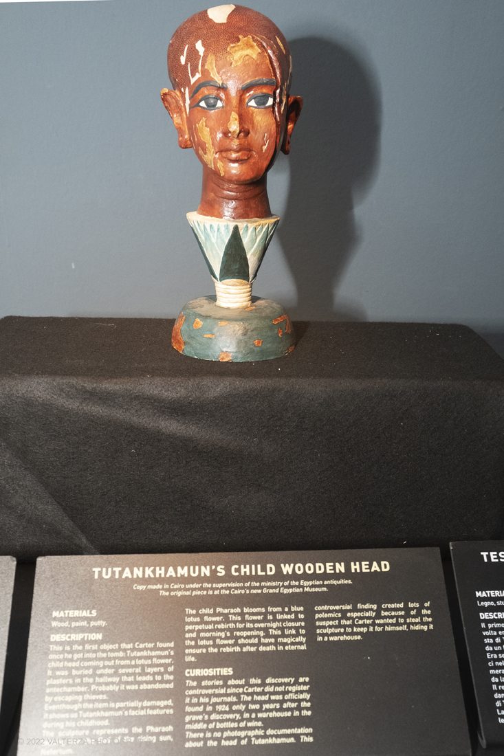 _DSF4081.jpg - 18/02/2022. Torino.Tutankhamon-viaggio verso l'eternitÃ  Ã¨ una mostra realizzata in occasione del centenario della scoperta della tomba, questo grazie alle circa cento riproduzioni dei reperti piÃ¹ importanti portati alla luce dall'archeologo Howard Carter nel 1922. Nella foto testa del faraone Tutankhamon da giovane