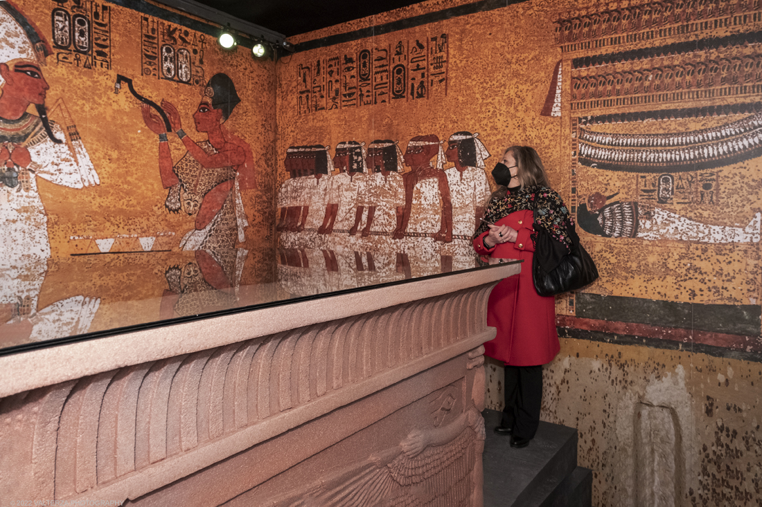 _DSF4474.jpg - 18/02/2022. Torino.Tutankhamon-viaggio verso l'eternitÃ  Ã¨ una mostra realizzata in occasione del centenario della scoperta della tomba, questo grazie alle circa cento riproduzioni dei reperti piÃ¹ importanti portati alla luce dall'archeologo Howard Carter nel 1922. Nella foto in visita alla mostra