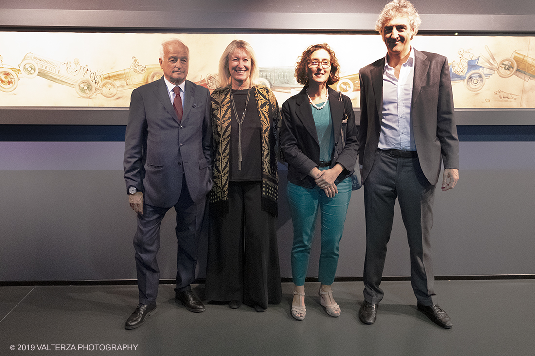 _DSF5379.jpg - 24/09/2019. Torino. Il Mauto ha da oggi un nuovo spazio espositivo permanente dedicato al suo fondatore, Carlo Biscaretti di Ruffia e inaugurato in occasione delle celebrazioni per i 140 anni dalla nascita e i 60 anni dalla scomparsa: allestimenti multimediali e disegni originali raccontano l'avventura del personaggio anticonformista e visionario che ha fondato il Museo dell'Automobile di Torino. Nella foto da sx  Piergiorgo Re, Mariella Mengozzi, Francesca Leon, Benedetto Camerana